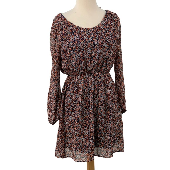 Doe‎ & Rae Long Sleeve Navy Multi Floral Chiffon Lined Mini Dress Size S - Picture 2 of 9